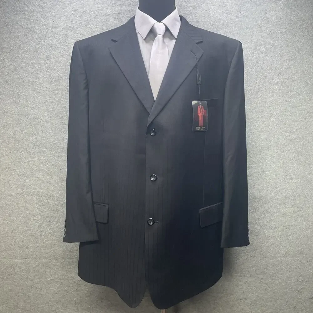 NWT Martino Men 48L Black Pinstripe Longline Blazer 3 Button Front Classic Sharp